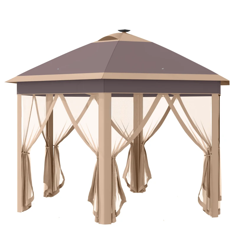 Outsunny 11' x 13' Pop up Gazebo with Netting & Solar LED Lights, Instant Portable Gazebo Shelter, Hexagonal Outdoor Canopy Tent Screen House Room with Carry Bag, Beige