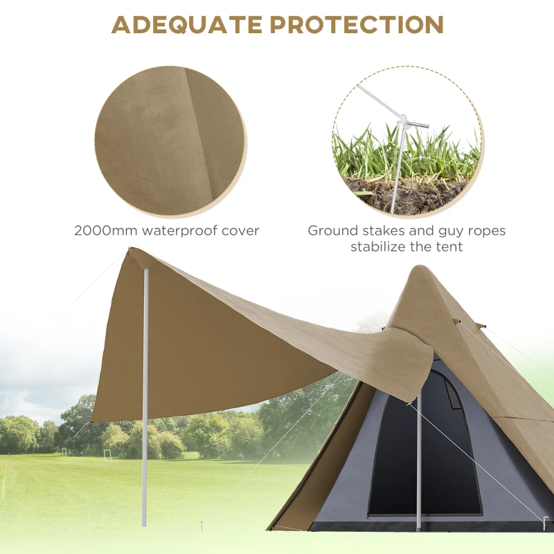 Outsunny 15.4'x15.4'x8.5' Teepee Tent, Waterproof Camping Tent with Porch Area, Floor and Carry Bag, for 2-3 Person Outdoor Backpacking Camping Hiking, Coffee