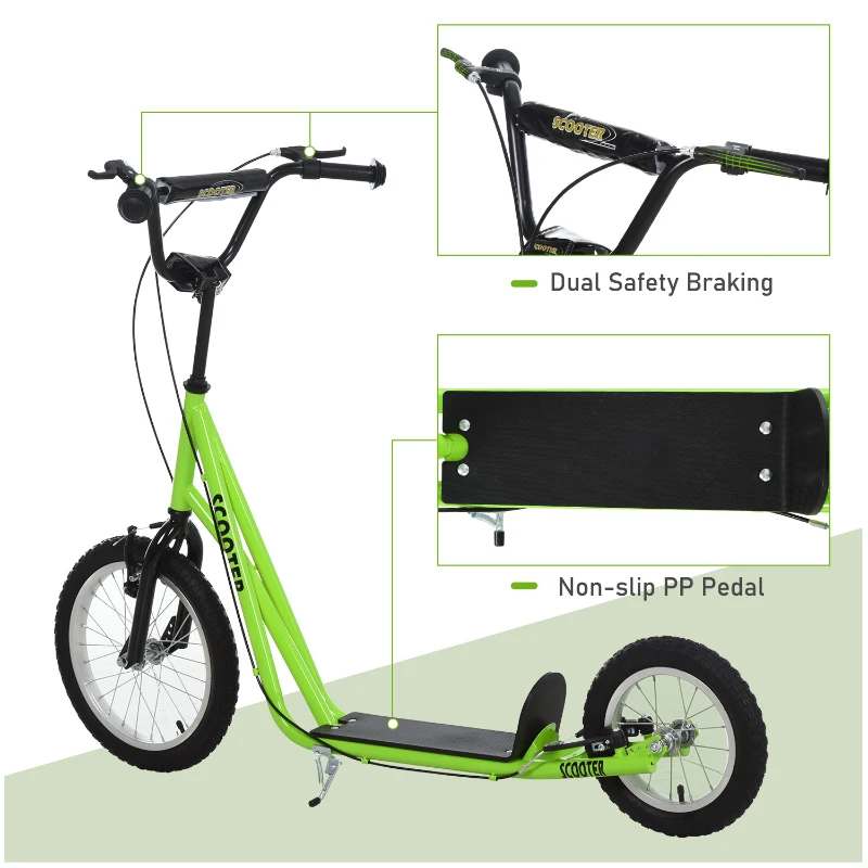 Aosom Teens Youth Scooter Ride On Toy with Adjustable Handlebar, Dual Brakes, and Inflatable Wheels For Kids 5+ - Green