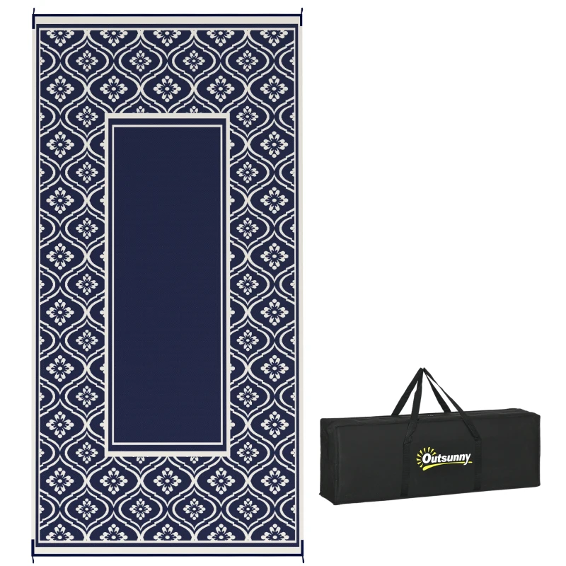 Outsunny Reversible Outdoor Rug, Waterproof Plastic Straw with Carry Bag, 9' x 18', Blue & White Gourd Border