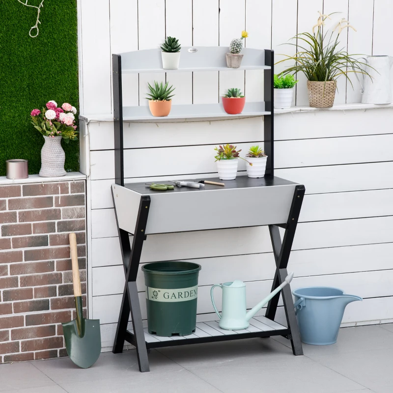 Outsunny Garden Potting Bench Table with Hidden Storage Box, Wood Outdoor Work Station with Open Top and Lower Shelf