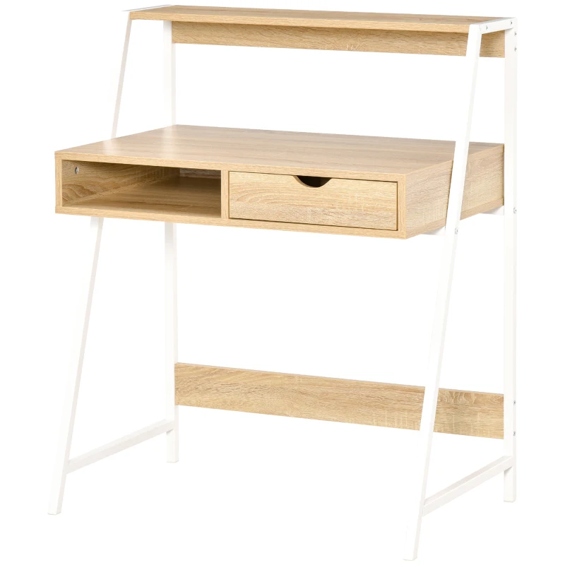 HOMCOM Home Office desk, Computer Desk for Small Spaces, Study Table with Drawer and Storage Shelves, Natural