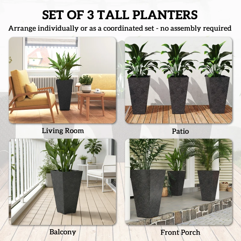 Outsunny 28" Tall Planters, Set of 3 Plastic Flower Pots with Marble Finish and Drainage Holes, Stackable Taper Planters, Black