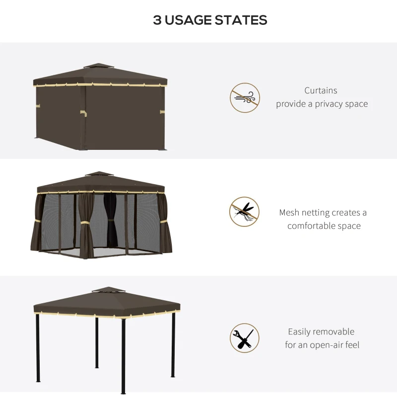 Outsunny 9.7' x 9.7' Patio Gazebo, Aluminum Frame Double Roof Outdoor Gazebo Canopy Shelter with Netting & Curtains, for Garden, Lawn, Backyard and Deck, Coffee