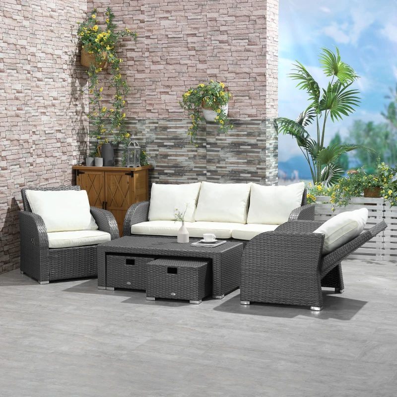 Outsunny 6-Piece Outdoor Rattan Patio Sectional Sofa Set with 3-Seat Couch, 2 Recliners, 2 Ottoman Footrests, & Coffee Table Conversation Set, Cream White