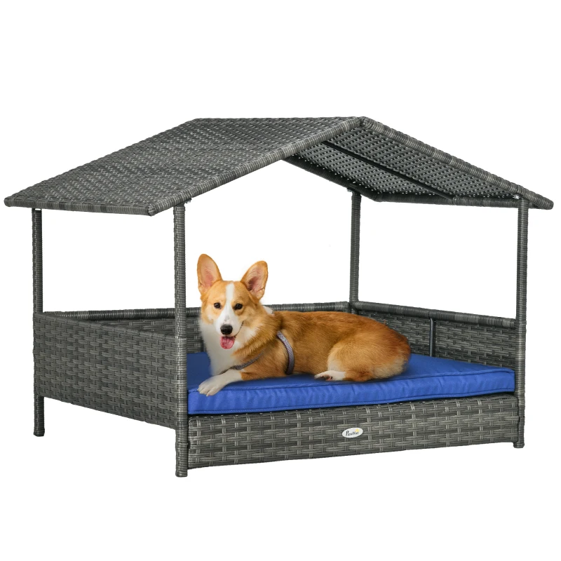 PawHut Wicker Dog House with Removable Cushion Lounge, Dark Blue