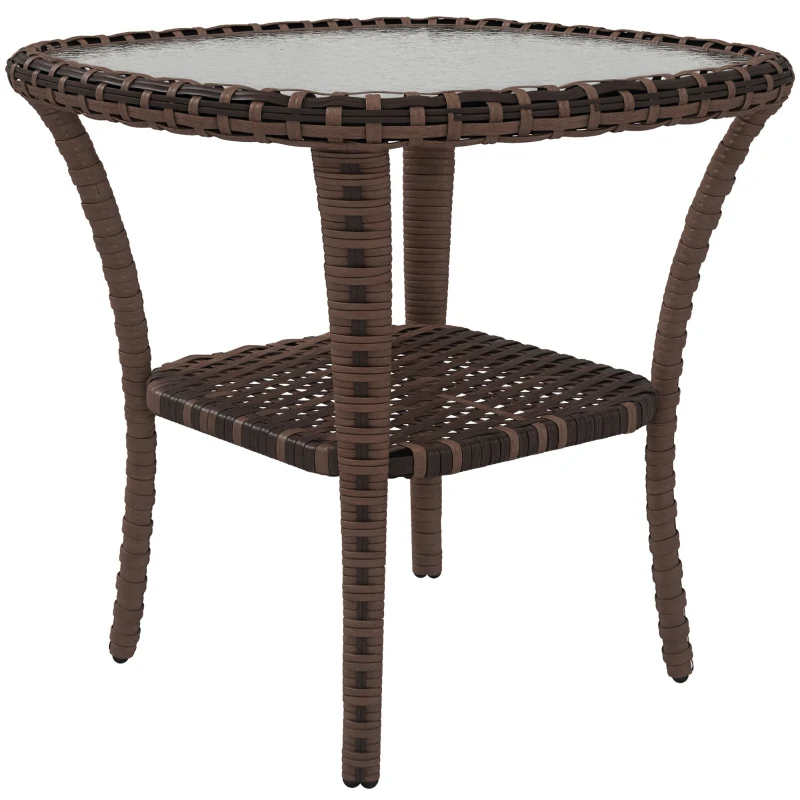 Outsunny Outdoor Coffee Table with Storage Shelf, Hand-Woven Wicker Side Table with Water-Ripple Glass Top, Mix Brown
