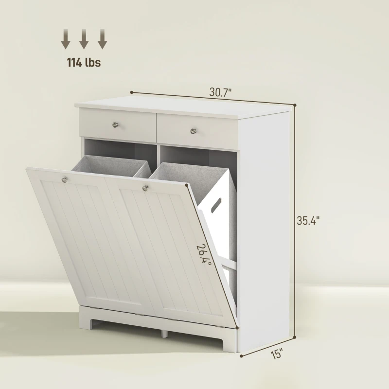 HOMCOM Laundry Hamper Cabinet, Laundry Cabinet with 2 Tilt Out Laundry Baskets and 2 Drawers, White