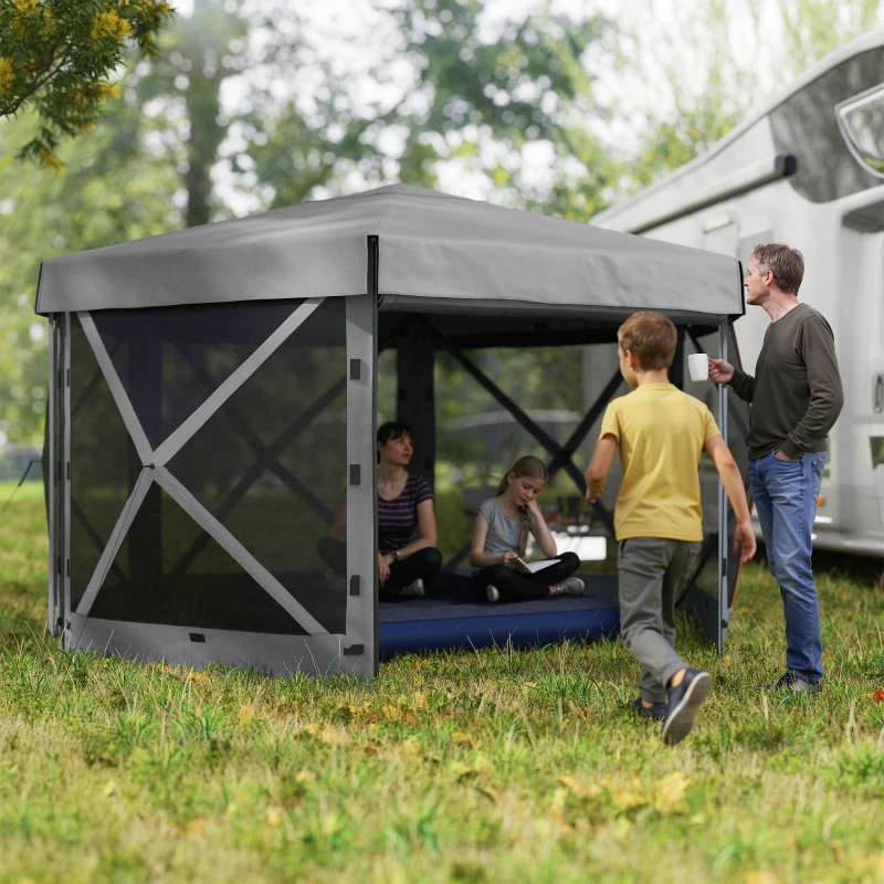 Outsunny 12' x 12' Hexagonal Pop Up Gazebo Canopy Tent with 5 Sidewalls, Outdoor Canopy Shelter with Carry Bag, Dark Gray