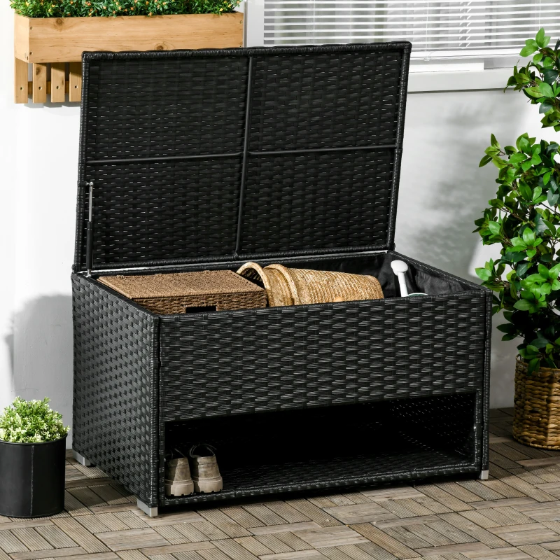 Outsunny Outdoor Deck Box & Shoe Storage, PE Rattan Wicker Towel Rack with Liner for Indoor, Outdoor, Patio Furniture Cushions, Pool, Garden Tools, Black