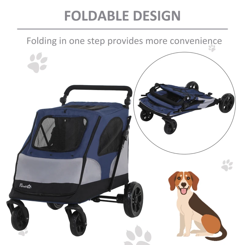PawHut Pet Stroller Foldable Dog Cat Carriage with Adjustable Handlebar Brake, Storage Bag, Mesh Window, Safety Leash, Blue