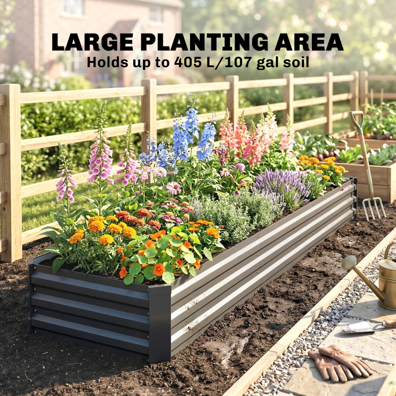 Outsunny 8x2x1ft Galvanized Raised Garden Bed Kit with Safety Edging for Flowers, Herbs and Vegetables, Dark Gray
