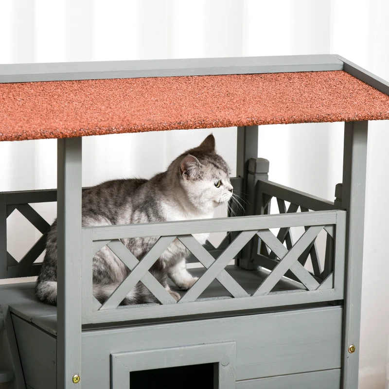 PawHut Wooden Cat House, 2-Floor Feral Cat Shelter, Kitten Condo Outdoor, Small Dog House with Balcony, Stairs, Asphalt Roof, Gray