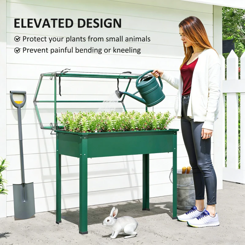 Outsunny Elevated Garden Box with Greenhouse Cover, Raised Garden Bed with Legs and Drainage Hole for Vegetables, Green