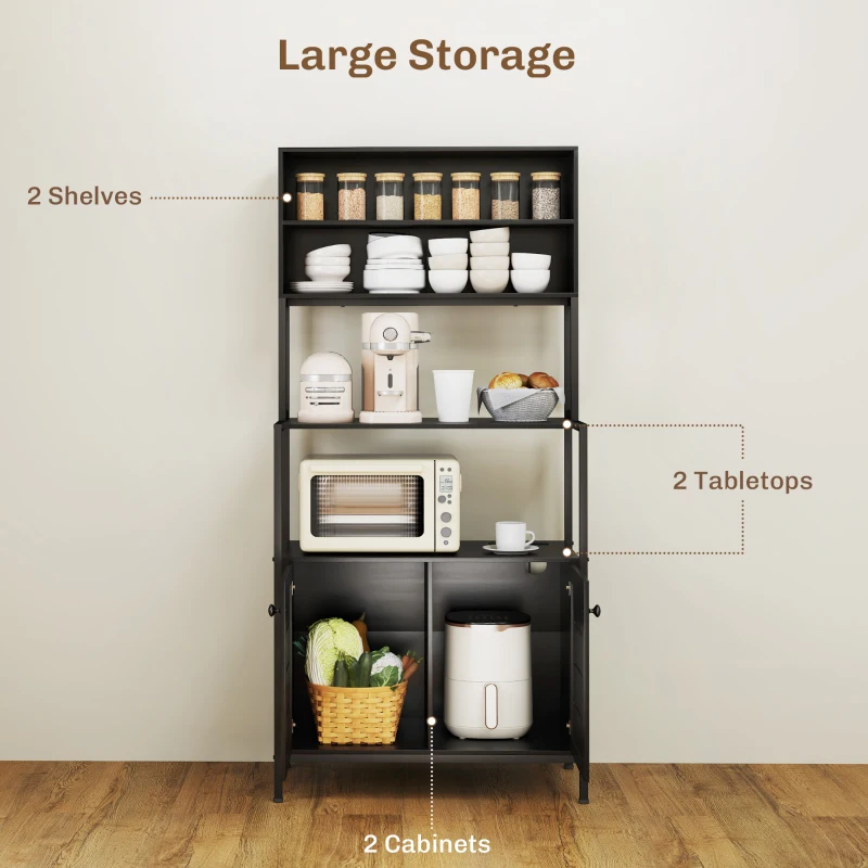 HOMCOM Baker's Rack with Power Outlet and Storage Shelves, Microwave Stand with Louvred Door Cabinets, Black