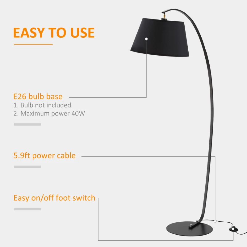 HOMCOM Arched Floor Lamp, Modern Standing Lamp with Foot Switch & Metal Base, Corner Reading Lamps Tall Pole Light for Office Bedroom Living Room, Black