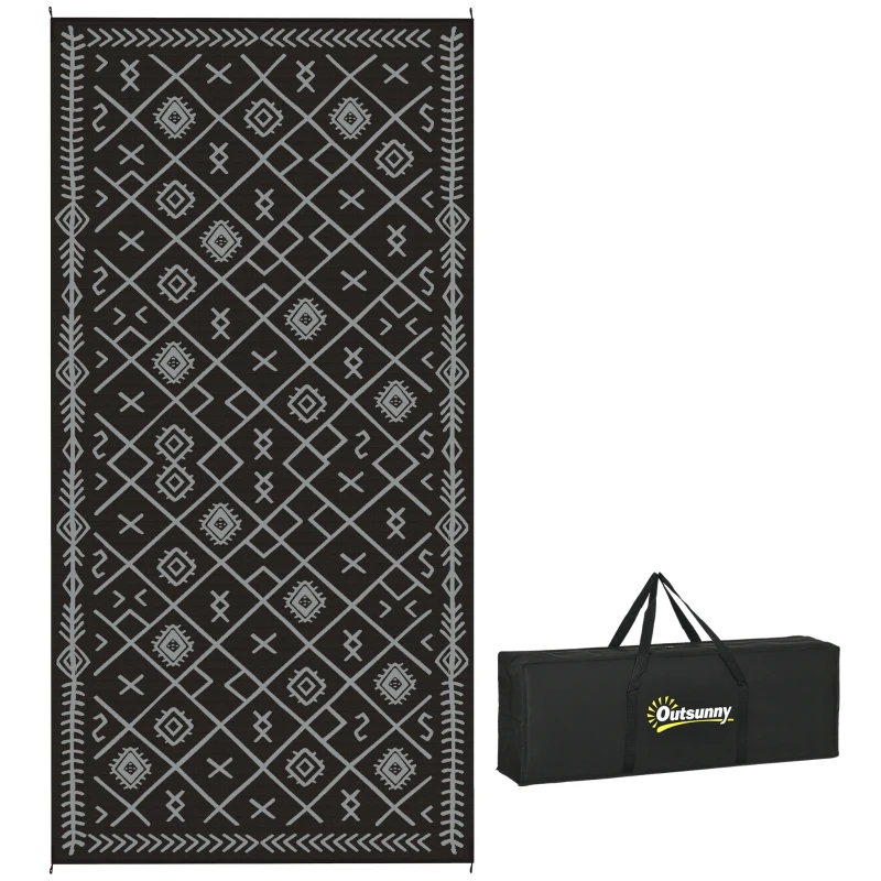 Outsunny Reversible Outdoor Rug, Waterproof Plastic Straw with Carry Bag, 9' x 18', Black & Gray Rhombus