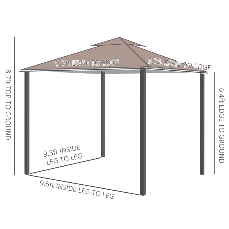 Outsunny 9.7' x 9.7' Patio Gazebo, Aluminum Frame Double Roof Outdoor Gazebo Canopy Shelter with Netting & Curtains, for Garden, Lawn, Backyard and Deck, Brown