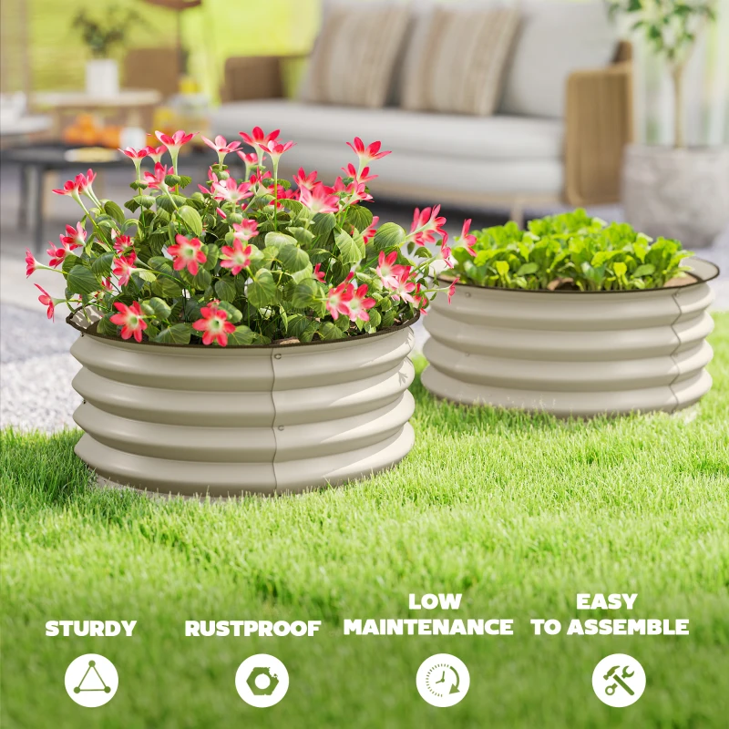 Outsunny Set of 2 Raised Garden Bed, Metal Planter Box with Safety Edging, Easy-to-assemble Stock Tank, Cream