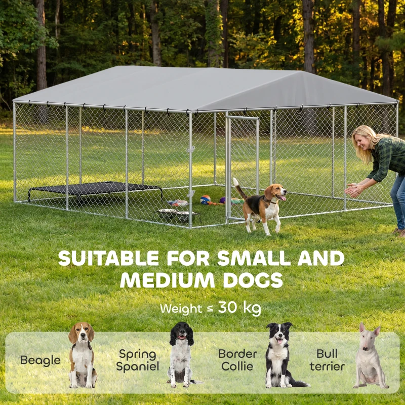 PawHut 13' x 13' x 6.5' Dog Kennel Outdoor for Small Medium Dogs with Waterproof Roof, Silver