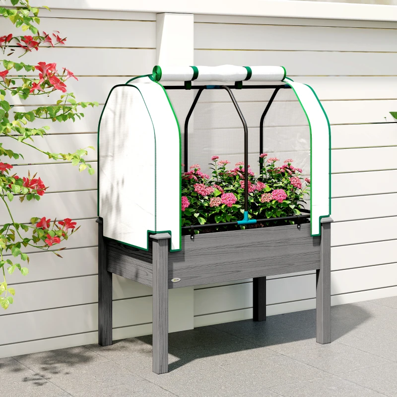 Outsunny Raised Garden Bed with PE Greenhouse Cover Outdoor Planter Box for Herbs and Vegetables, 35 x 22 x 47 inch, Dark Gray