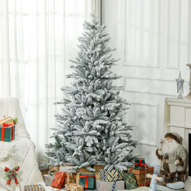 HOMCOM 6ft Artificial Flocked Christmas Tree with Snow Tips, Easy Assembly, Hinged Xmas Tree for Home Office Holiday