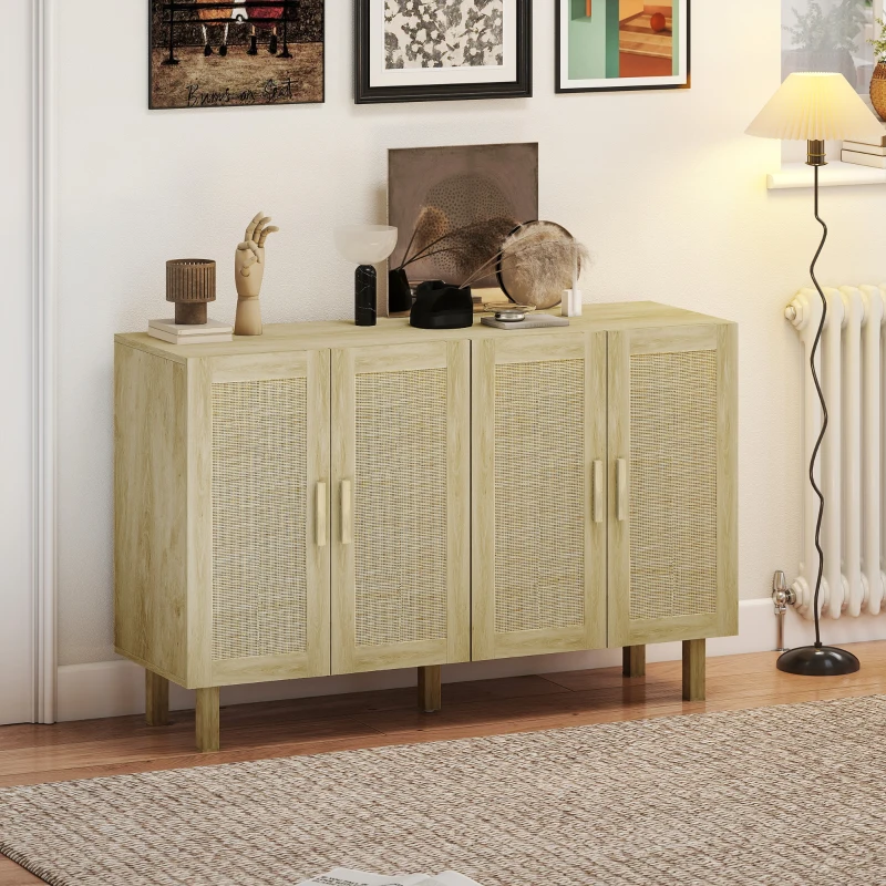HOMCOM Boho Kitchen Cabinet, Buffet Cabinet with 4 Rattan Doors and Adjustable Shelves for Dining Room, Natural