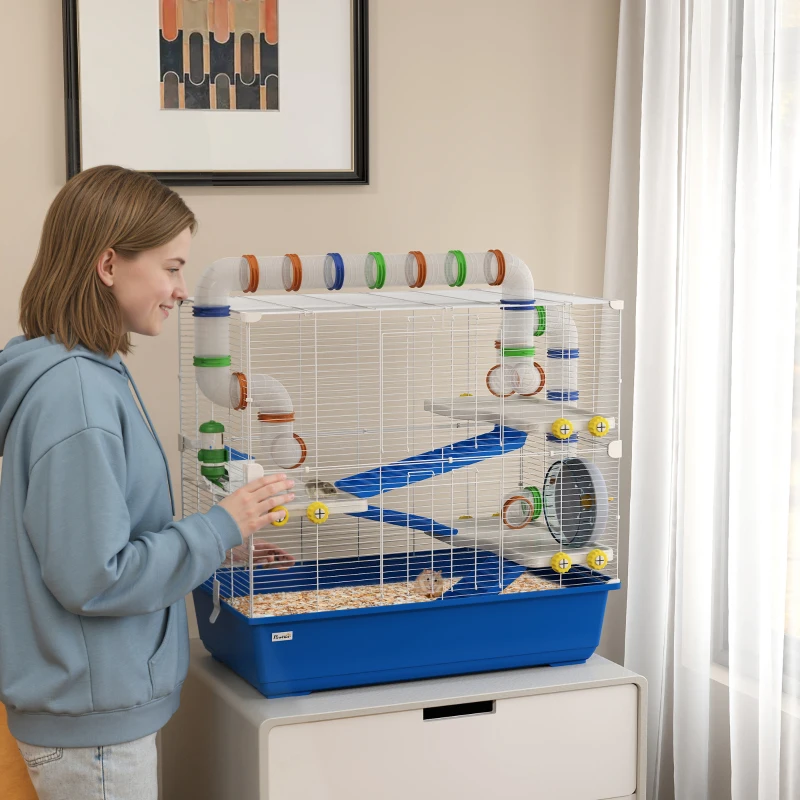 PawHut 4 Tier Hamster Cage with Tunnel Tube System, Hut, Exercise Wheel, Water Bottle, Food Dish, for Syrian, Gerbil, Blue
