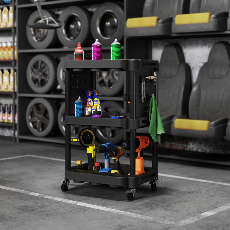 HOMCOM 3-Tier Rolling Tool Cart, 200 LBS Capacity Plastic Utility Cart with Side Shelves for Garage Workshop, Black