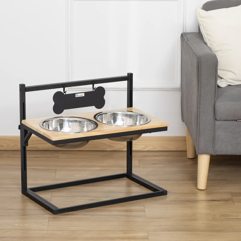 PawHut Elevated Dog Bowls Feeder with Stainless Steel Set, Twin Raised Adjustable Pet Food Platform for Medium, Large Dogs, Natural