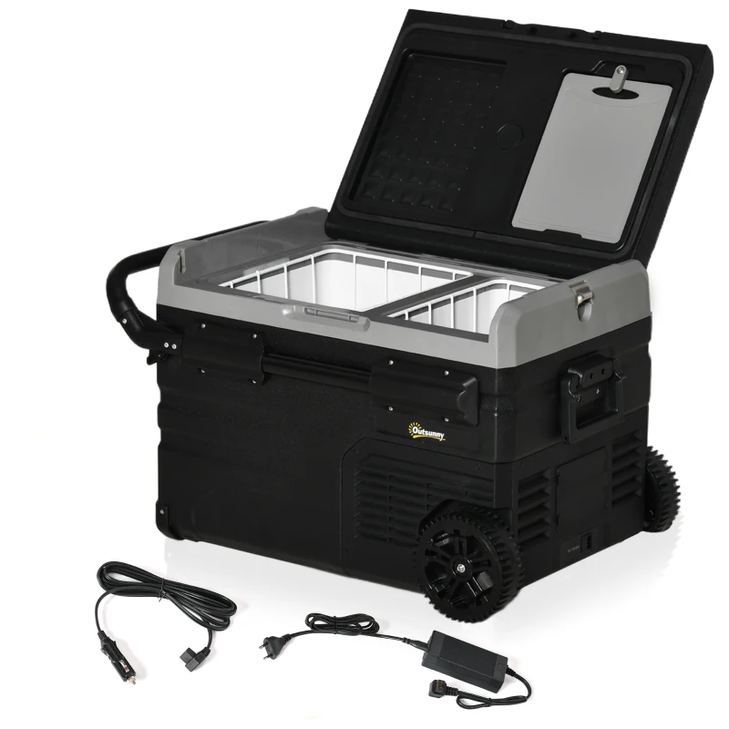 Outsunny 12 V Car Fridge, 2 Zone 37 Quart Portable Compressor Electric Cooler with Wheels, Pull-up Handle, Cutting Board, 12/24 V DC and 110 - 240 V AC for Outdoor, Driving, Travel
