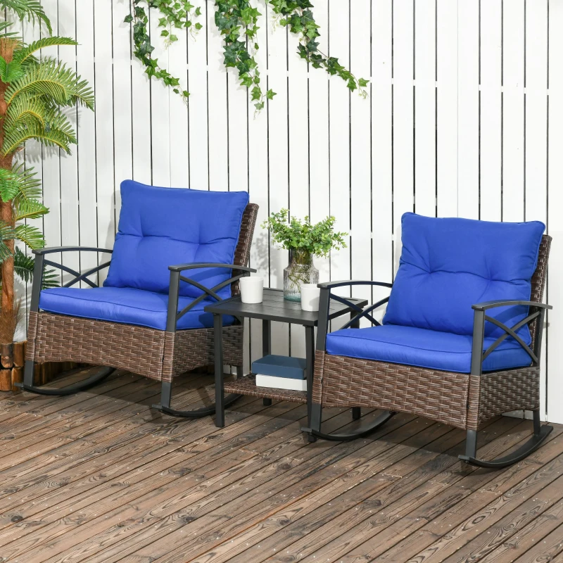 Outsunny 3 Piece Patio Rocking Chair Set, Outdoor Wicker Bistro Set with 2 Oversize Cushioned Porch Rockers and 2 Tier Coffee Table for Garden, Backyard, Blue
