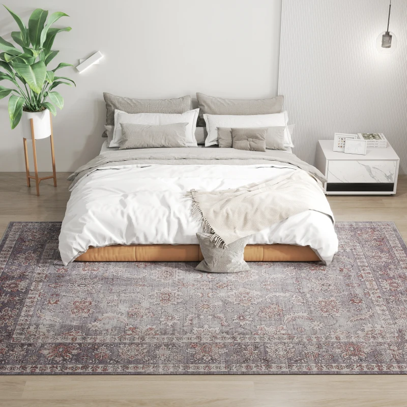 HOMCOM Machine Washable Area Rug 8x10, Non-Slip Traditional Flower Print Floor Carpet for Living Room, Bedroom, Grey and Brown