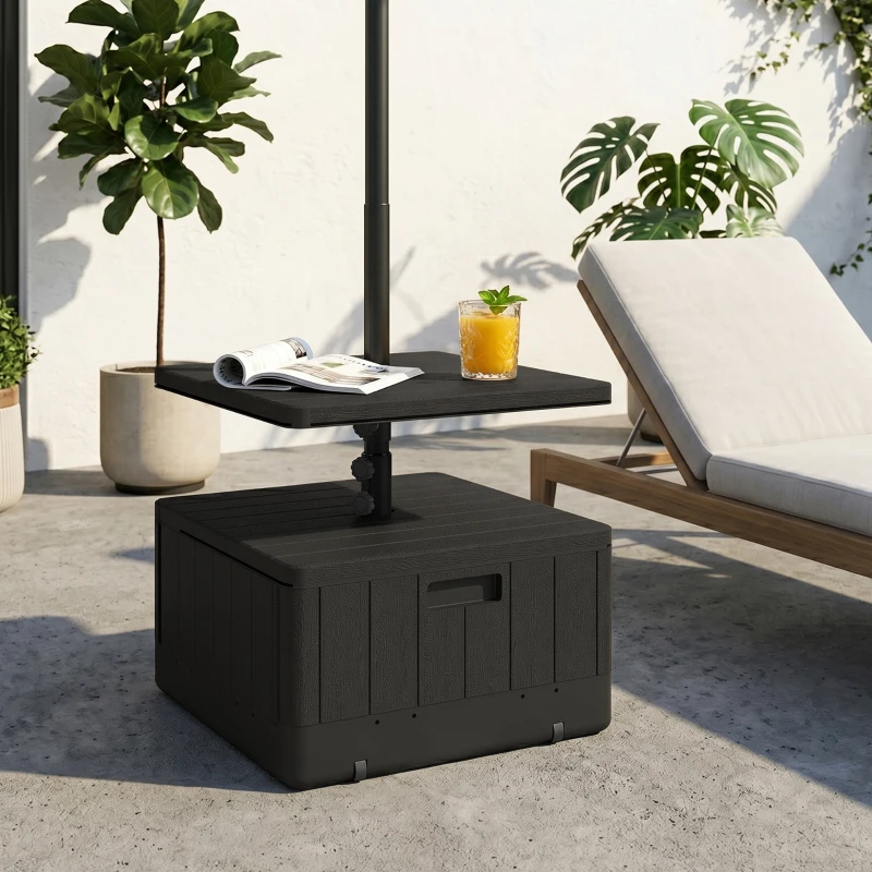 Outsunny Patio Umbrella Base with Table Tray, Heavy Duty Weighted Umbrella Stand，Wheels Handles, 176lbs，Stand Filling, Black
