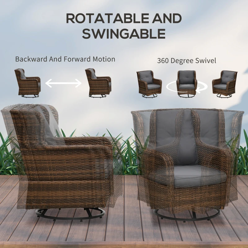 Outsunny 4 Piece PE Rattan Outdoor Patio Furniture Set, Wicker Conversation Set with 2 Swivel Glider Chairs, 2-Tier Glass Table and Loveseat for Garden, Patio, Poolside, Gray
