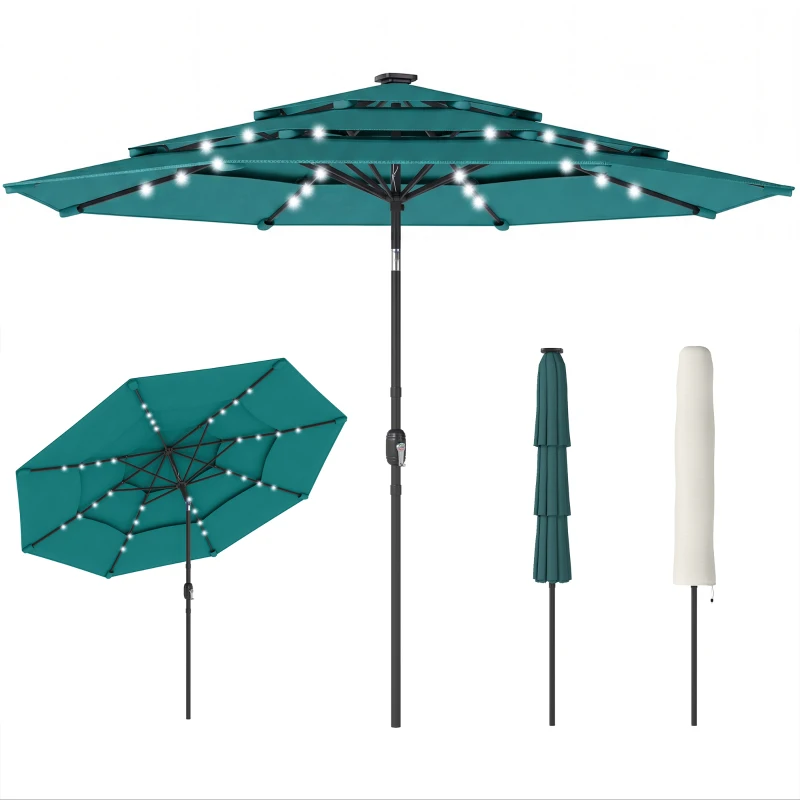 Outsunny 9.7 ft Outdoor Patio Umbrella with Solar LED Lights, 3 Tier Outdoor Table Umbrella with Tilt, Crank, Teal