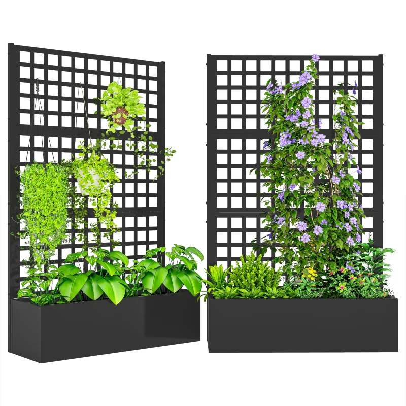 Outsunny Galvanized Raised Garden Bed Planter Box with Trellis for Climbing Plants, Vegetable, Vines, 43" x 16" x 70", Black