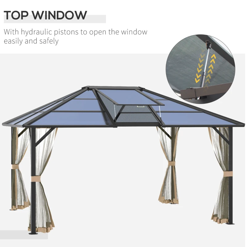 Outsunny 12' x 14' Hardtop Gazebo Canopy with Polycarbonate Roof, Aluminum Frame, Permanent Pavilion Outdoor Gazebo with Netting, for Patio, Garden, Backyard, Deck, Lawn, Gray, Brown