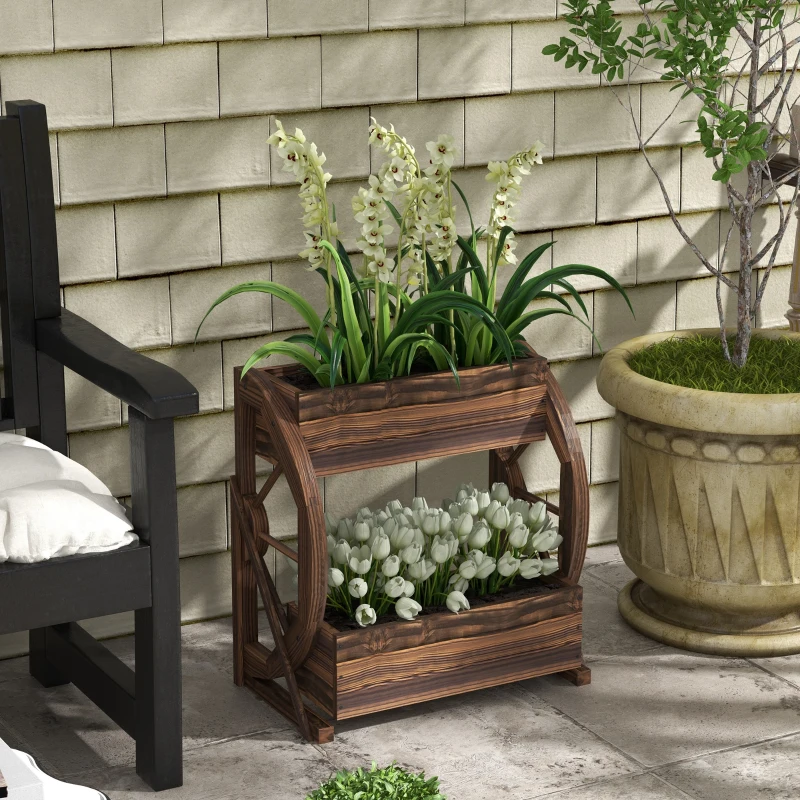 Outsunny Wooden Wagon Planter Box, 2-Tier Raised Garden Bed, for Vegetables Flowers Herbs, 22" x 13" x 22"
