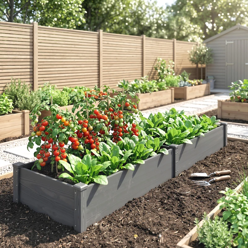 Outsunny 96" x 24" x 10" Wooden Raised Garden Bed with 2 Planter Boxes and Non-woven Fabric Liner for Patio, Gray