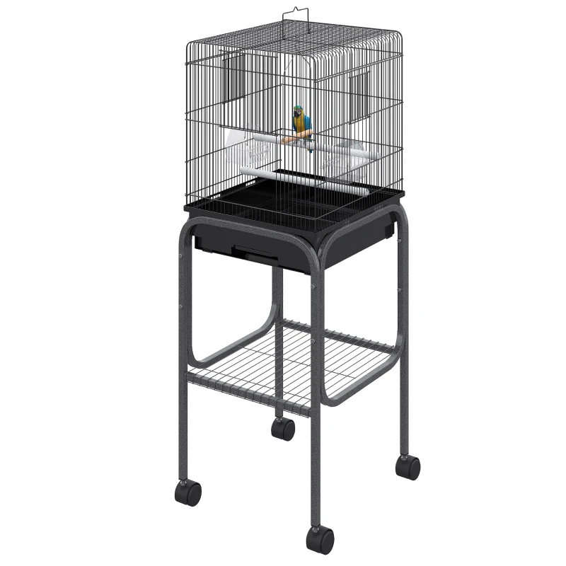 PawHut 45-inch Metal Indoor Bird Cage, Parrot Cage, Bird Aviary with Detachable Rolling Stand, Storage Basket, and Accessories - Black