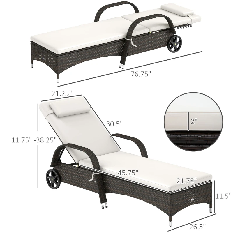 Outsunny Outdoor Chaise Lounge, 5-Level Adjustable Backrest Rattan Pool Lounge Chair with Wheels, Cushion & Headrest, Cream