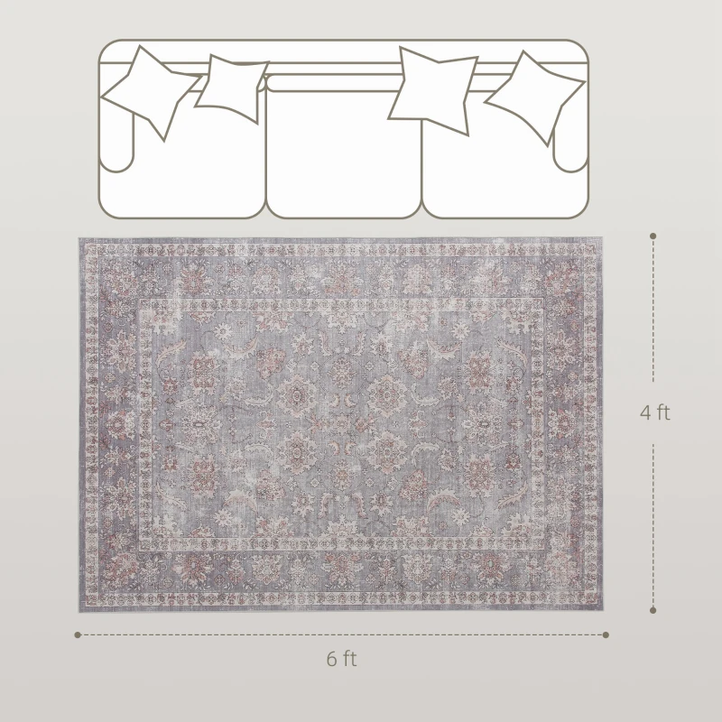 HOMCOM Machine Washable Area Rug 4x6, Non-Slip Traditional Flower Print Floor Carpet for Living Room, Bedroom, Grey and Brown