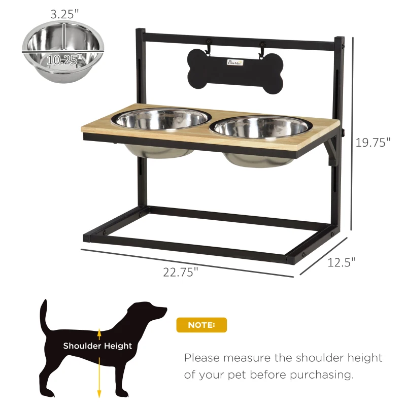 PawHut Elevated Dog Bowls Feeder with Stainless Steel Set, Twin Raised Adjustable Pet Food Platform for Medium, Large Dogs, Natural