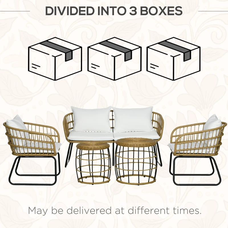 Outsunny 5 Piece PE Rattan Outdoor Furniture Set with Cushioned Chairs, Loveseat Sofa & Stackable Coffee Tables, Cream White