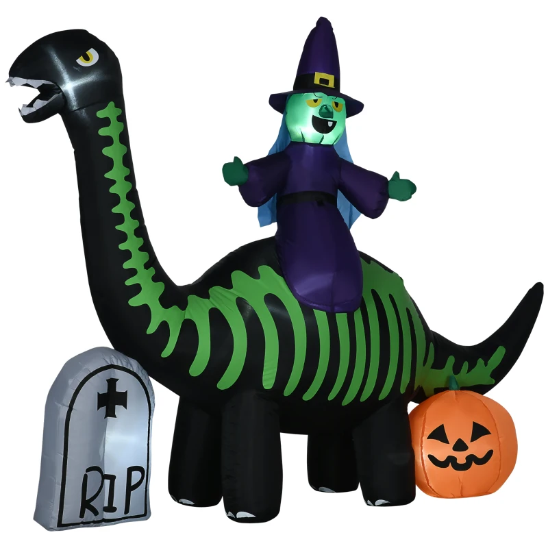 HOMCOM 8' Halloween Inflatable Dinosaur W/ Witch Tombstone Pumpkin