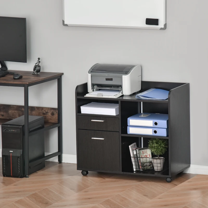 Vinsetto Filing Cabinet Printer Stand Mobile Lateral File Cabinet with 2 Drawers, 3 Open Storage Shelves for Home Office Organization, Black