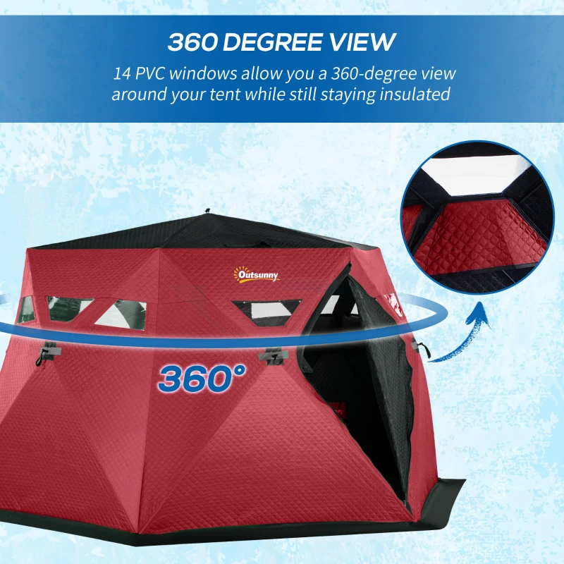 Outsunny 4 Person Insulated Pop-Up Ice Fishing Shelter, 360-Degree View, Portable Ice Fishing Tent Shanty with Carry Bag, Two Doors and Anchors for Low-Temp -22℉, Red