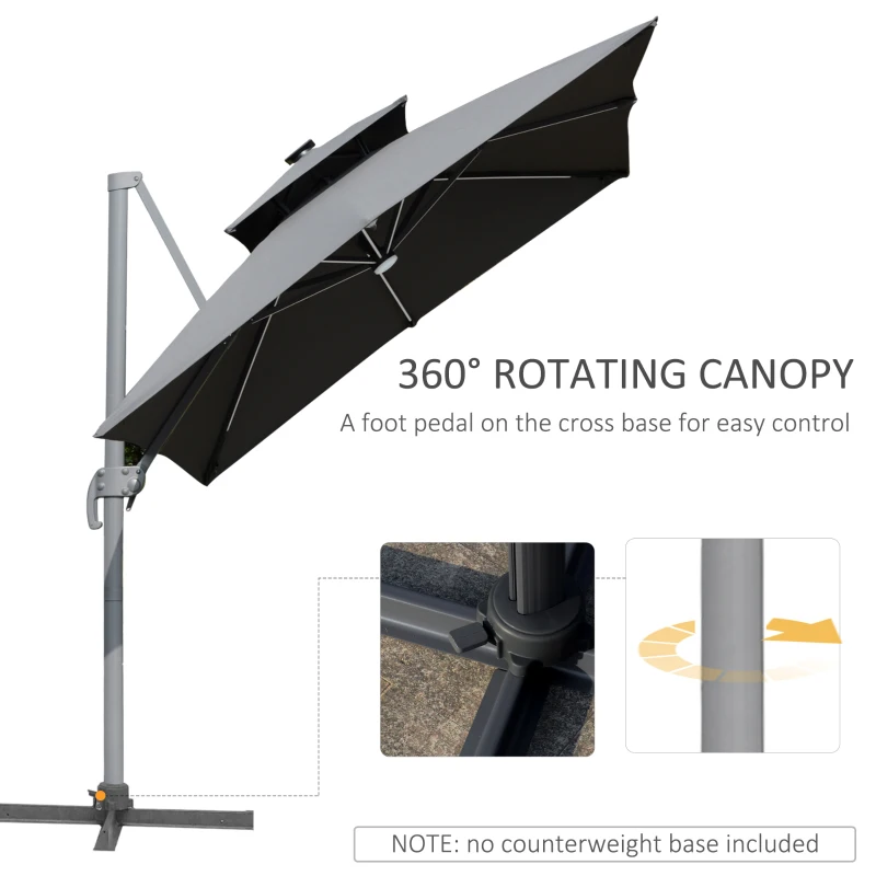 Outsunny 10FT Cantilever Patio Umbrella with Solar LED Lights & Power Bank, Double Top Outdoor Offset Umbrella with 360° Rotation, Tilt, Crank & Cross Base for Garden, Gray
