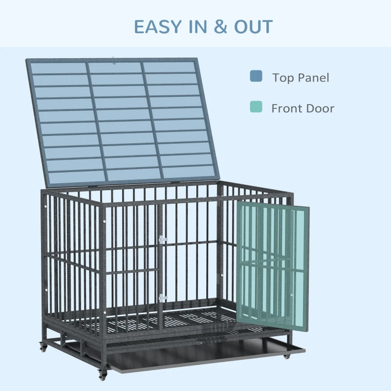 PawHut 43" Heavy Duty Dog Crate Metal Cage Kennel with Lockable Wheels, Double Door and Removable Tray, Gray